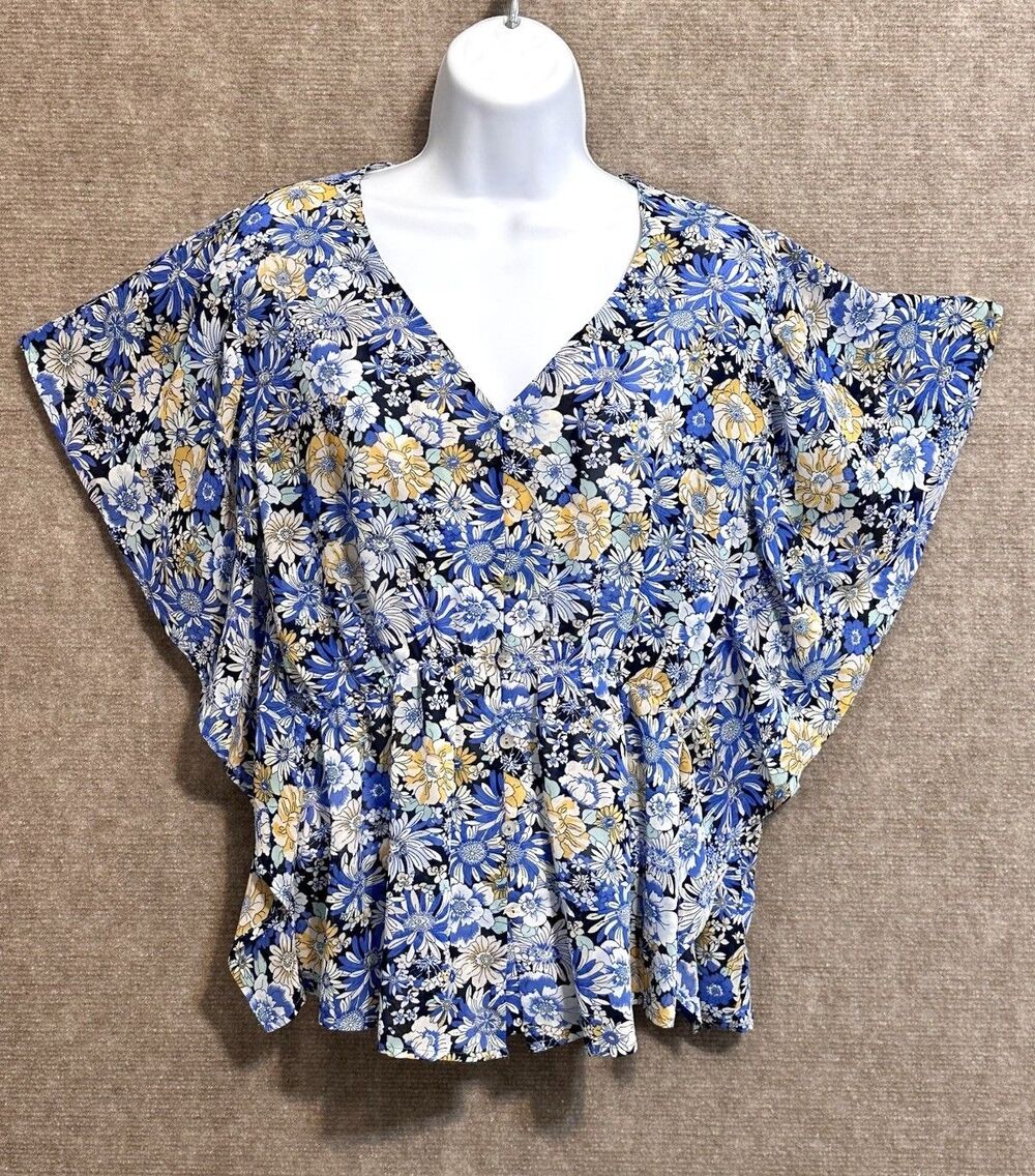 New Easel  Blouse Blue Floral Top Women’s M Airy Elastic Waist Feminine Dressy